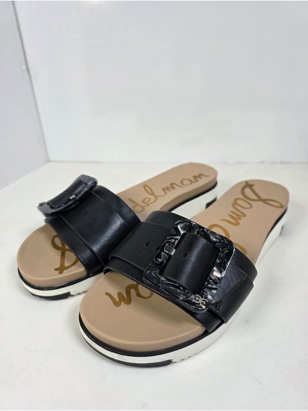Sam Edelman Ariane Black Leather Buckle Slide Sandals